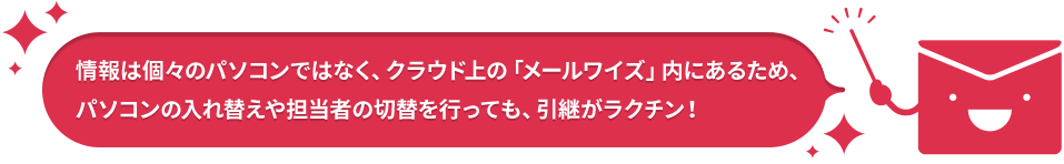 情報は個々のパソコンではなく、クラウド上の「メールワイズ」内にあるため、パソコンの入れ替えや担当者の切替を行っても、引継がラクチン！